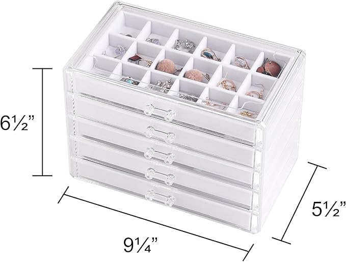 Frebeauty Acrylic Jewelry Organizer Earring Organizer Box with 5 Drawers Earring Holder Organizer with Velvet Trays Clear Jewelry Box for Women Earring Display for Rings Studs(White) - Image 2