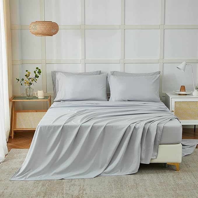 ILAVANDE King Size Sheets Set 6 Piece,Hotel Luxury Super Soft 1800 Series Microfiber Grey Bed Sheets King Set-Wrinkle Free & Breathable-14 Deep Pocket Sheets for King Size Bed(King,Light Grey)