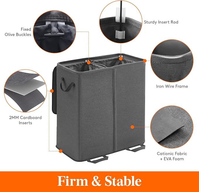 Lifewit Double Laundry Hamper with Lid and Removable Laundry Bags, Large Collapsible 2 Dividers Dirty Clothes Basket with Handles for Bedroom Laundry Room Closet Bathroom College, 136L Black - Image 2