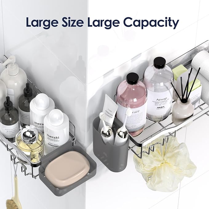 NESOMI Shower Caddy Adhesive Shower Organizer 7-Pack, Rustproof Stainless Steel Bathroom Shelves, Large Capacity No-Drill Rack Storage Accessories with Soap Dish Toothbrush Holder Hooks - Image 8