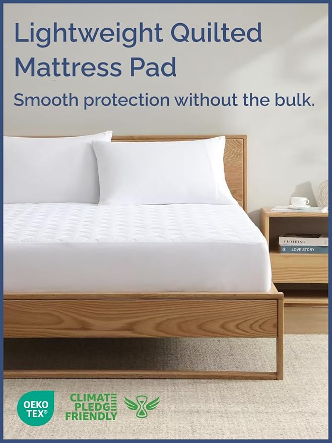Quilted Fitted Mattress Pad Protector Queen Size - Elastic Fitted Mattress Topper & Cover - Breathable, Soft, Low Profile Top Cover with 8-16 Inch Deep Pockets - Easy-Fit & Machine Washable - White