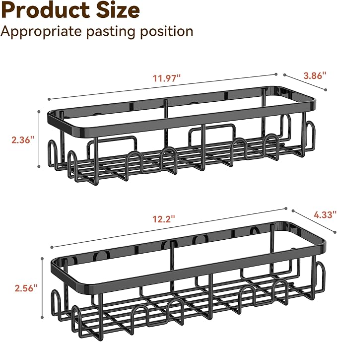 YASONIC Adhesive Shower Caddy, 2 Pack Black Shower Shelves for Inside Shower, Rustproof Shower Organizer with Soap and Toothbrush Holder, No Drilling Shower Storage for Bathroom/Kitchen - Image 6