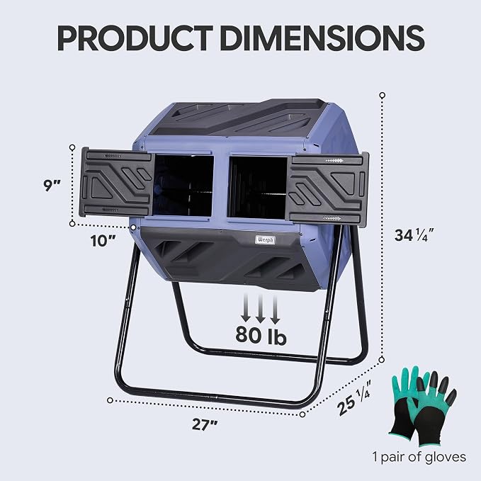 Werph Updated 43 Gallon Dual-Chamber Compost Bin, Fast Assembly Rotating Outdoor Compost Tumbler, Batch Composter with Gloves for Garden, Kitchen, and Yard Waste, Purple & Black - Image 3