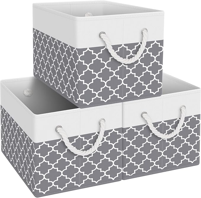 Fab totes Storage Bins [3-Pack], Foldable Storage Baskets for Organizing Toys, Books, Shelves, Closet, Large Storage Box with Rope Handles, Sturdy Organizer Bins,Clover Grey by Fabtotes