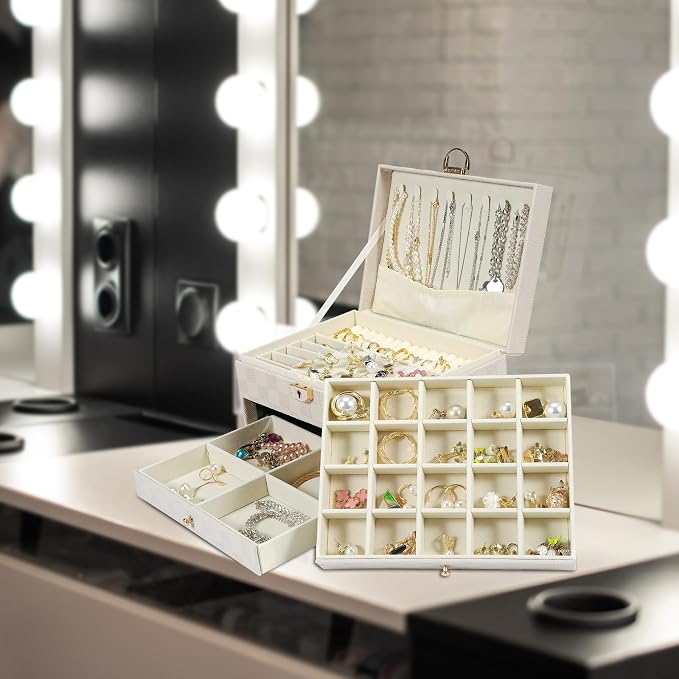GUOER Jewelry Box for Women Girl Wife - Large PU Leather Jewelry Organizer Storage Case with 3 Layers Display for Earrings Bracelets Rings Watches (Light Khaki) - Image 6