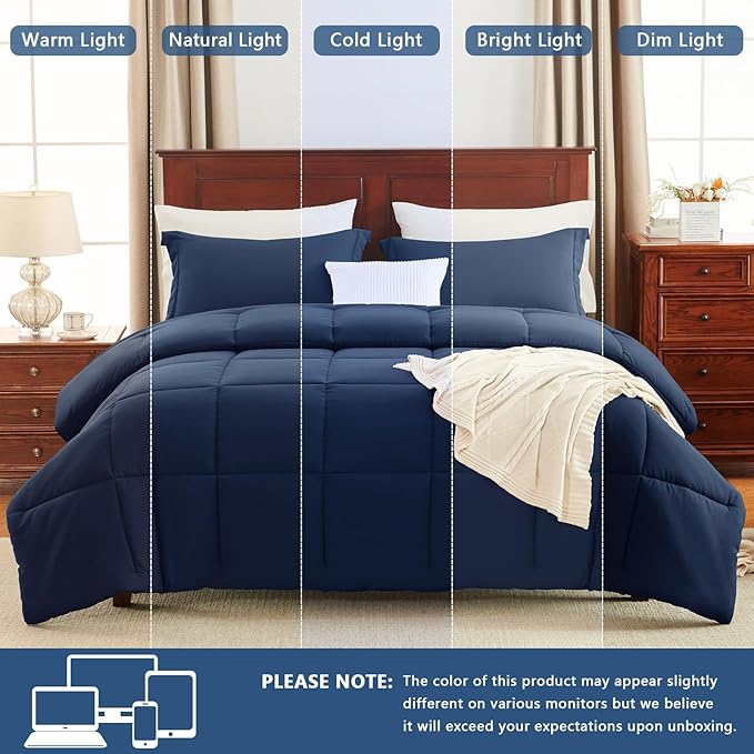 CozyLux Queen Size Comforter Set - Navy Blue Comforter Queen Size, 3 Pieces Box Stitched Bed Set for All Seasons, Soft Lightweight Bedding Sets with 1 Down Alternative Comforter and 2 Pillow Shams