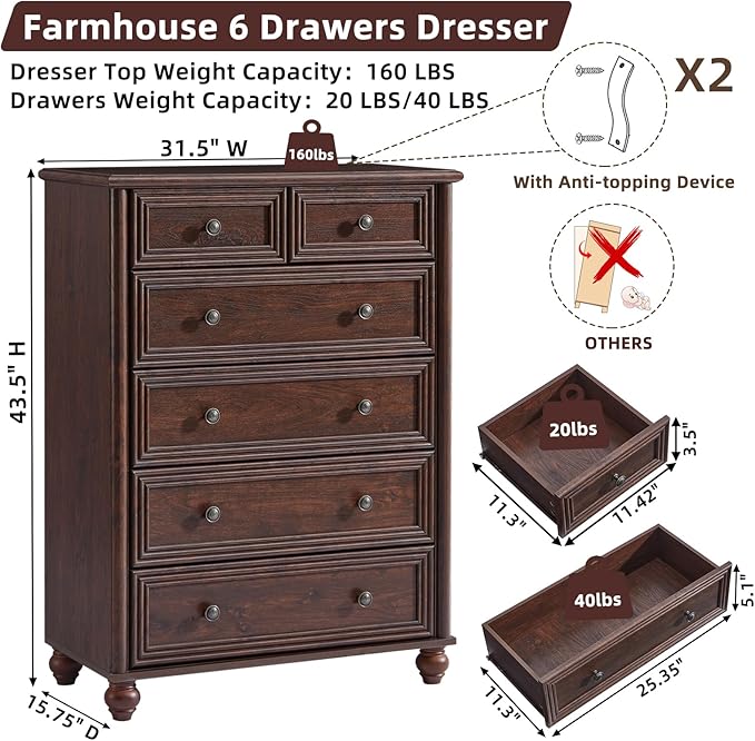 RWYHG Farmhouse 6 Drawer Dresser, Chest of Drawers for Bedroom, 43.5" Tall Walnut Kids Dresser with Roman Column and Metal Handles, Storage Dressers Organizer for Living Room, Hallway, Closet