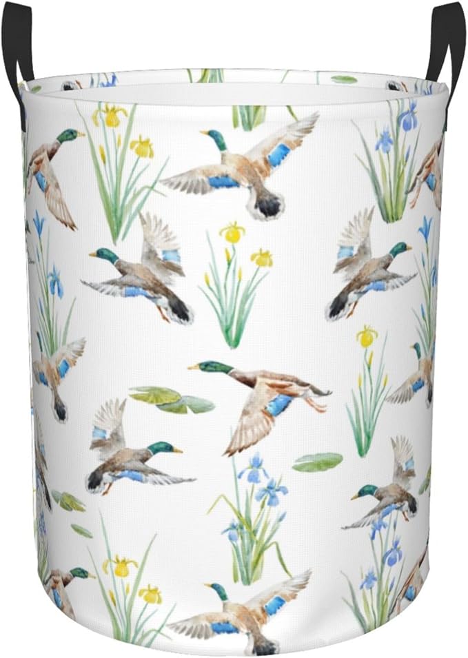 Laundry Basket Watercolor Mallard Duck Room Decor,Round Laundry Hamper Waterproof Dirty Clothes Hamper Collapsible Laundry Baskets With Handles,Toy/Clothes Storage Basket For Home Dorm Bathroom Decor by AmazerPad