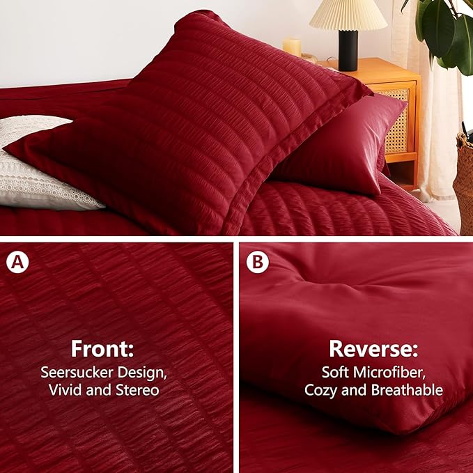 CozyLux Queen Comforter Set Dark Red Seersucker 7 Pieces Bed in a Bag Queen Comforter Set with Sheets, Luxury Soft Bedding Sets with Down Alternative Comforter, Sheets, Pillowcases & Shams All Seasons