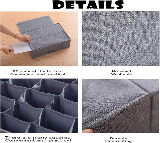 AARAINBOW 2 Packs Underwear Socks Storage Organizer with Lids Foldable Closet Drawer Organizer 46 Cells, Drawer Organizer Bins for Ties Scarves Lingerie Bra Fabric Dividers (30+16 Cell, 2 Gray) - Image 7
