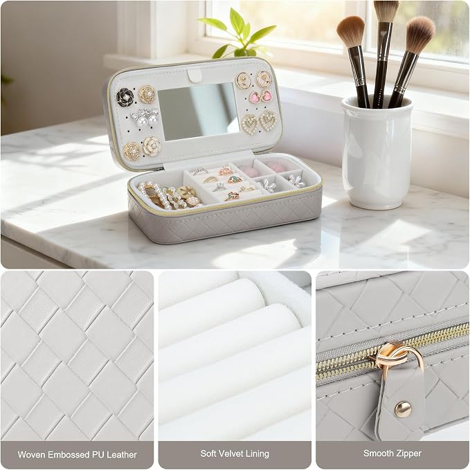 DesignSter Travel Jewelry Case, Woven Embossed PU Leather Jewelry Organizer with Mirror, Small Portable Jewelry Box for Women Rings Necklaces Bracelets Earrings - Image 4