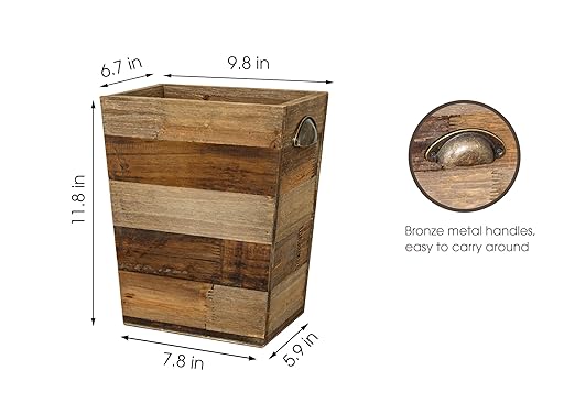 Small Wood Trash Can, Farmhouse Rectangular Garbage Can Waste Basket, Rustic Distressed Reclaimed Wood Wastebasket, Vintage Wooden Trash Recycling Bin Storage Basket with Metal Handles (Natural) - Image 5