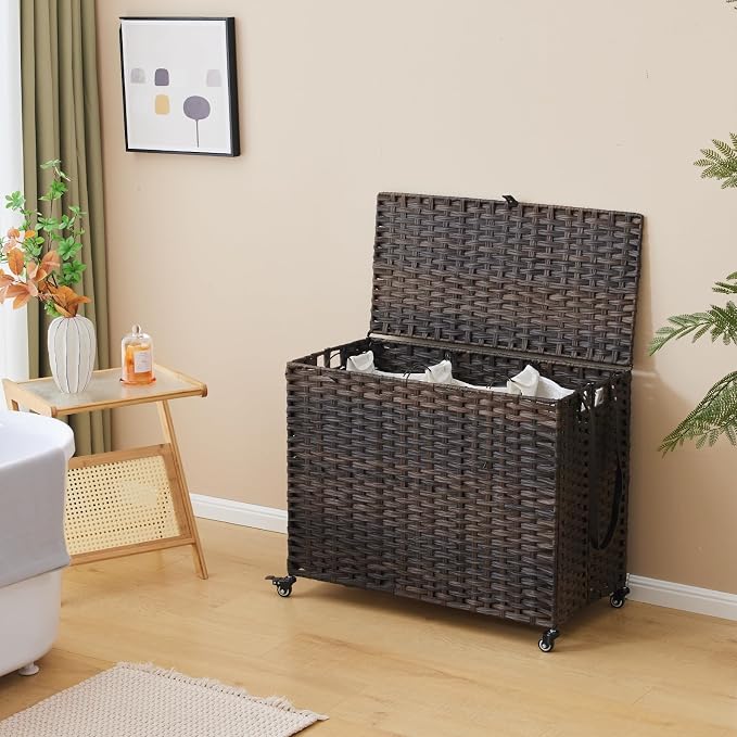 Laundry Hamper with Wheels, 52.8 Gallon(200L) Rolling Laundry Basket with Lid, 3-Section Rattan Clothes Hamper with 3 Removable Liner & 3 Mesh Bags, Laundry Sorter with Side Pocket, Brown - Image 3