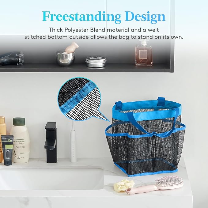 Lifewit Mesh Shower Caddy Portable for College Dorm Room Essentials with 7 Pockets, Freestanding Hanging Organizer Basket, Quick Dry Tote Bag for Camping, Bathroom, Beach, Travel, 1 Pack, Blue - Image 3
