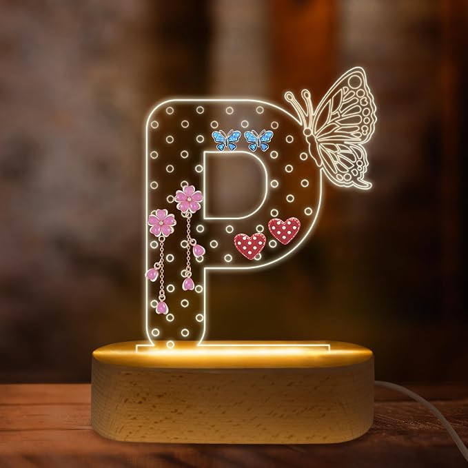COSHAYSOO Initial Acrylic Earring Holder Organizer for Teenager Girls with Butterfly Decorations LED Night Light, Personalized Vanity Gifts for 8 9 10 11 12 13 14 15 16 Year old Girl Birthday Letter P by COSHAYSOO