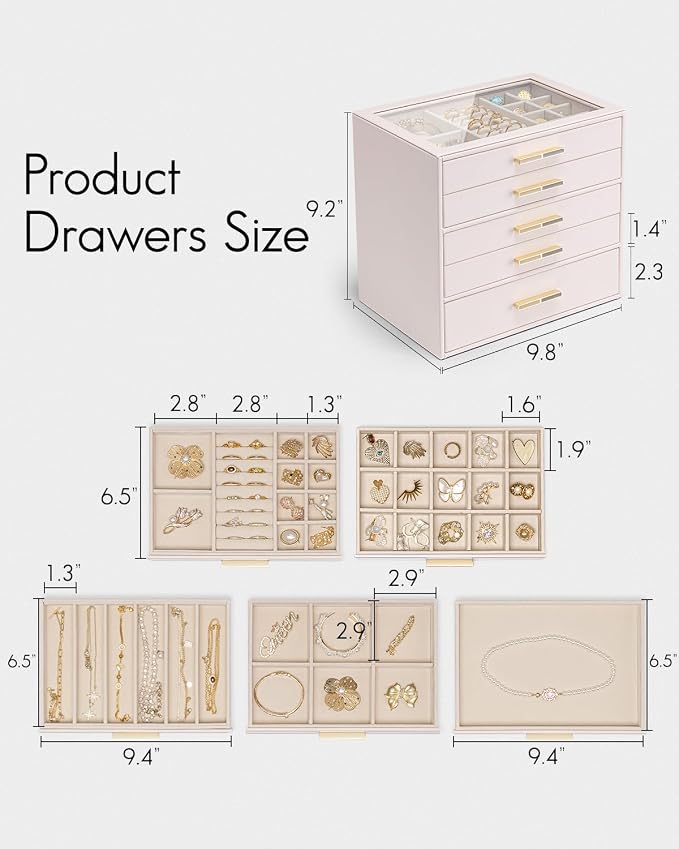 VLANDO 5 Layer Jewelry Box for Women, Glass Lid Jewelry Organizer with 5 Drawers for Necklaces Rings Earrings Bracelets - Light Pink - Image 5