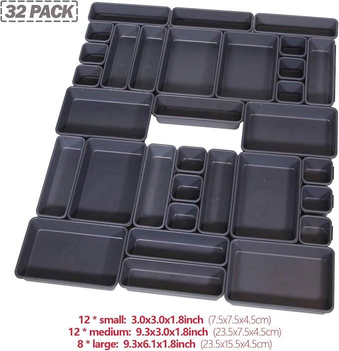 Set of 32 Interlocking Desk Drawer Organizer Tray Dividers Plastic Shallow Narrow Drawers Organizers Separators Storage Bins Container for Kitchen Bathroom Makeup Office Vanity Bedroom Dresser - Image 2