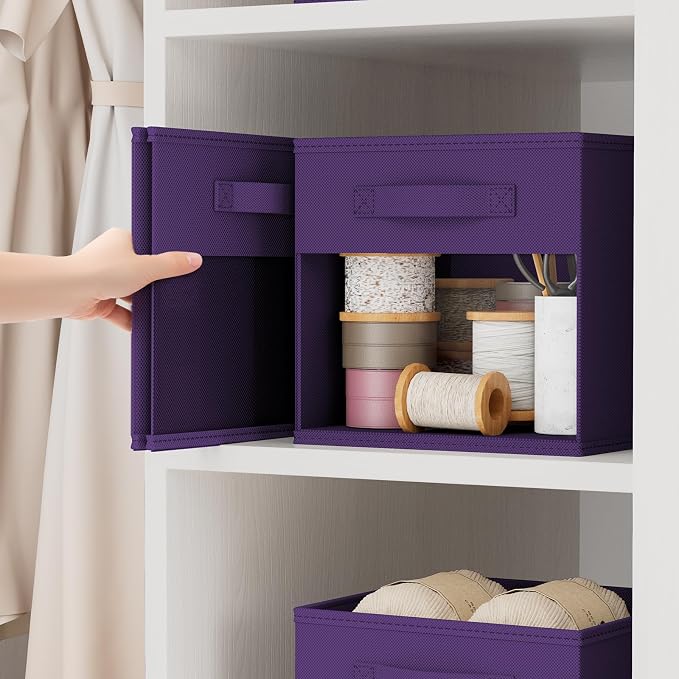 DIMJ Cube Bins, 12.2-Inch Storage Bins Cubes with Window, 6 Packs Collapsible Storage Bins with Handles, Closet Storage Baskets for Organizing Living Room, Office, 6 Pack,Purple - Image 3