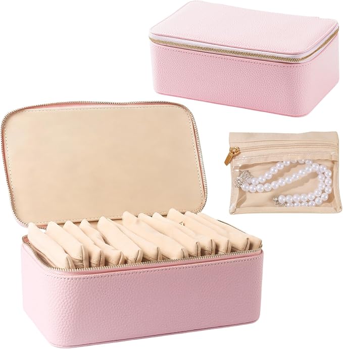 Travel Jewelry Organizer, Travel Jewelry Box with 12 Velvet Zipped Pouches Bags for Jewelries Necklaces Rings Earrings Sorting Storage for Women Girl Gifts, Blush by Yaliang