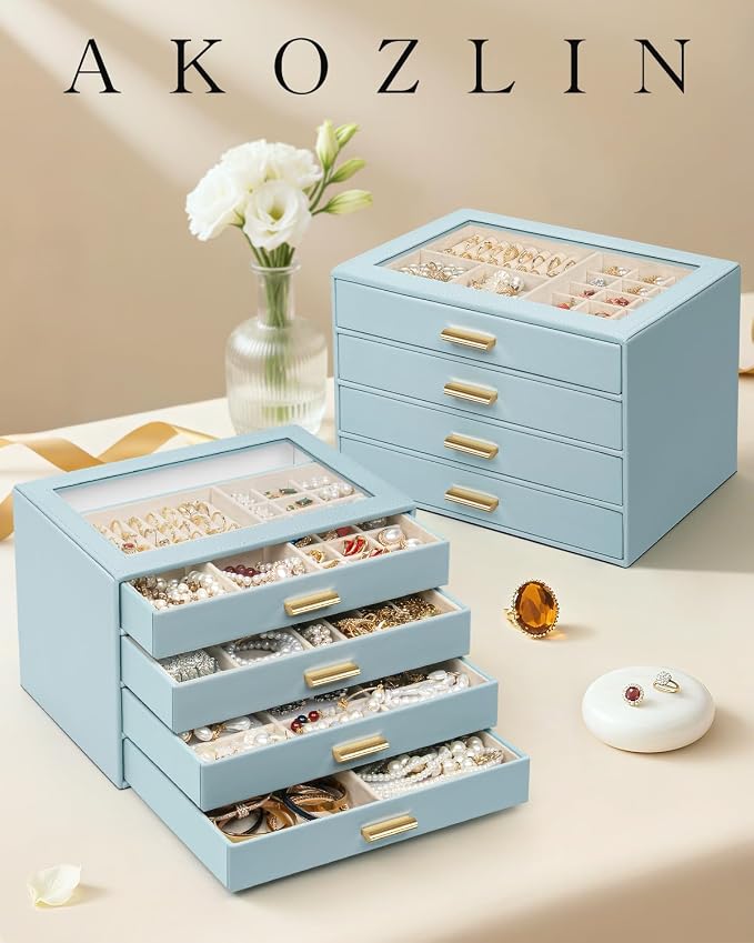 AKOZLIN Jewelry Box with Clear Lid Functional Leather Jewelry Storage Organizer Case 4 Drawers for Women Girls Necklace Ring Bracelet Earring BlueGrey - Image 6