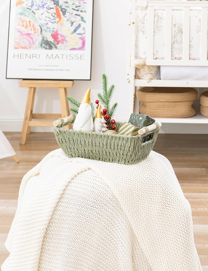 StorageWorks Round Paper Rope Woven Basket with Wooden Handles for Gifts, Small Woven Baskets for Shelf, Bosana Green, 2-Pack - Image 9