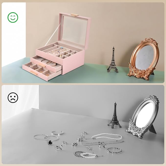 Somduy Jewelry Box Organizer for Women,3 Layers Jewelry Storage Display Box with Glass Lid,Gift for Christmas,3 Drawers,Large Capacity for Necklace Earrings Bracelets Rings,Pink - Image 7