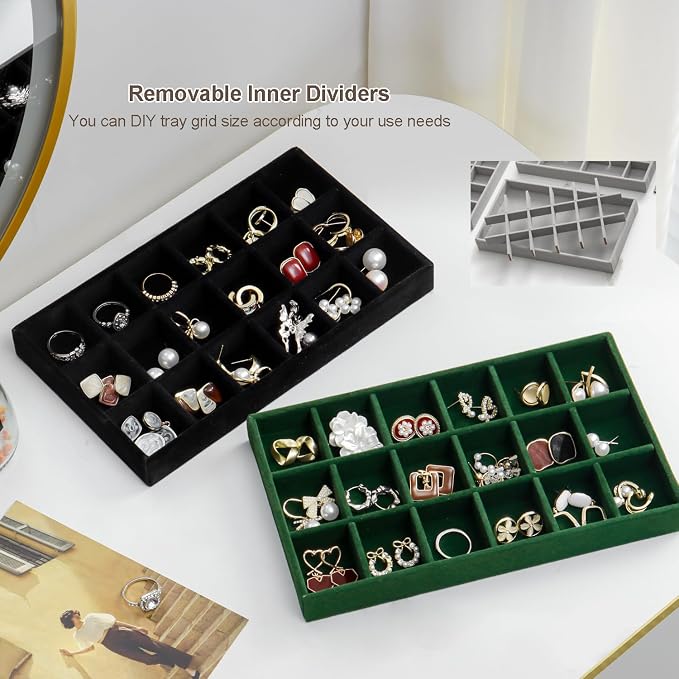 SPAKOWN Jewelry Drawer Organizer Inserts Set of 9, Jewelry Trays for Drawers Velvet Jewelry Organizer Tray Drawer Jewelry Organizers and Storage for Earring Ring Necklace Watch Bracelet (Green) - Image 7