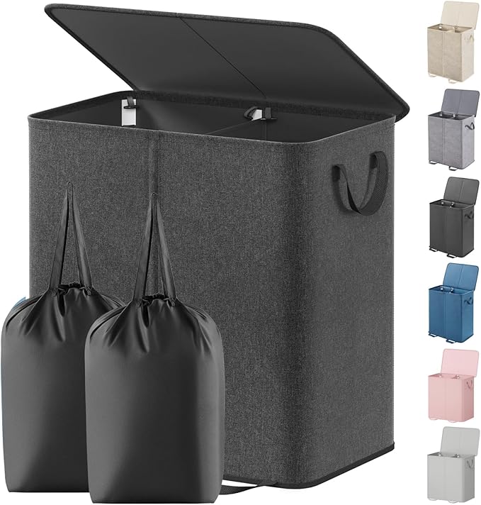Lifewit Double Laundry Hamper with Lid and Removable Laundry Bags, Large Collapsible 2 Dividers Dirty Clothes Basket with Handles for Bedroom Laundry Room Closet Bathroom College, 136L Black by Lifewit