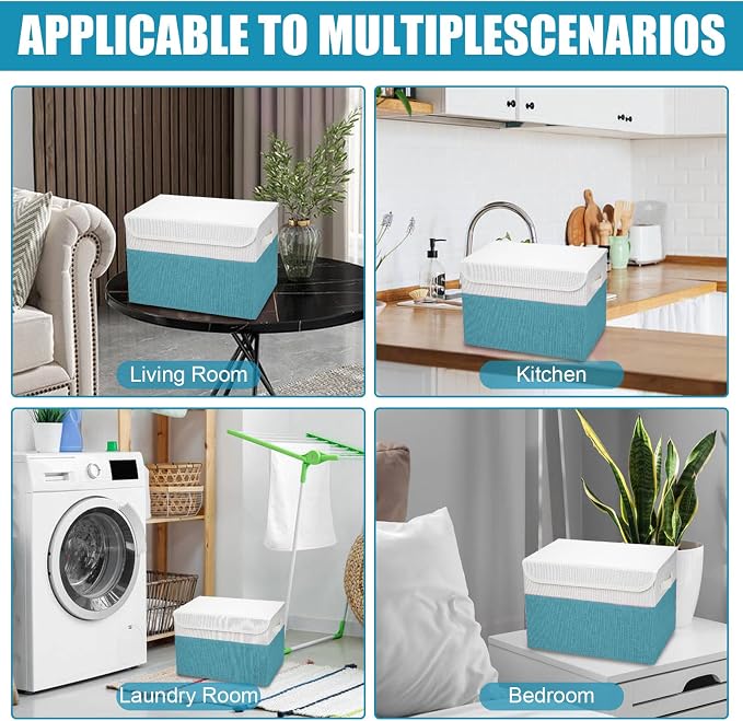 Bagnizer Large 22 Quart Linen Fabric Foldable Storage Bin Cube Organizer Basket with Flip-Top Lid & Handles, Clothes Blanket Box for Home, Office, Closet, Teal & White, 4 Pack 14.6 x 9.5 x 9.5 - Image 7