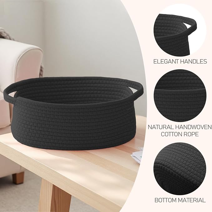 JMvicyroam Woven Basket,Small Rope Storage Bin with Handles & Ribbon Bag, Organizer for Shelves Closets,Gift Basket Empty for Birthday,Books,Dog Toys, Black/3 Pack - Image 3