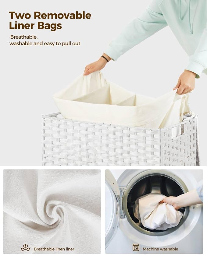 Greenstell Laundry Hamper with Wheels&Lid,130L Large 3 Sections Clothes Hamper with 2 Types Removable Liner Bags, 5 Mesh Laundry Bags, Handwoven Divided Laundry Basket White - Image 4
