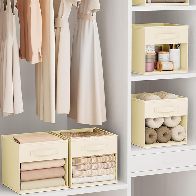 DIMJ Cube Storage Bin, 6 Packs Collapsible Storage Bins with Handles, Fabric Bins for Organization, Cube Storage Organizer Bins for Closet Organization and Storage, Beige - Image 5