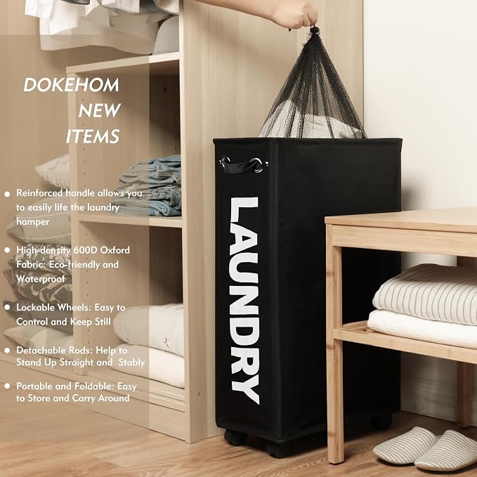 DOKEHOM 29-Inches Enlarged Slim Laundry Basket with Removable Wash Bag on Wheels, Collapsible Rolling Laundry Hamper, Foldable Narrow Corner Clothes Storage Bins (Black) - Image 2