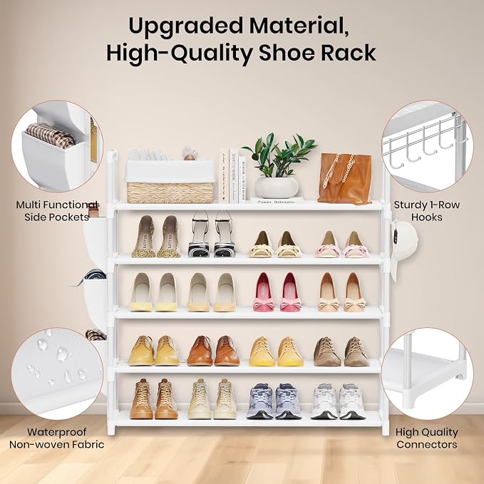 VILICK Shoe Rack for Closet Shoe Organizer Space Saver Storage for 20-25 Pair Shoe Shelf with Hook and Side Pocket Free Standing 5 Tier Shoe Rack Organizer for Entryway,Small Spaces, White - Image 4
