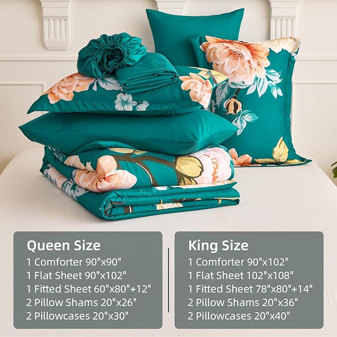 Drucon Floral Comforter Set Queen Size 7 Pieces Bed in a Bag, Teal Blue Floral Bedding Set, Soft Microfiber Comforter and Sheet Set for All Season (Queen, 90"x90")
