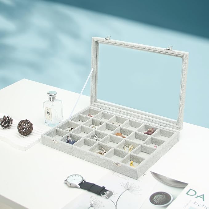 Coward Jewelry Organizer Tray Box, 24 Grids Ring Earring Chain Bracelet Necklace Jewelry Bead Display Holder Tray Case with Transparent Glass Lid for Home Drawer or Shop Selling - Image 2