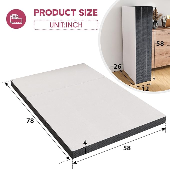 4 inch Memory Foam Tri Folding Mattress/Portable Foldable Mattress Topper with Washable Cover Non-Slip Bottom for Camping, Guest, Floor RV, CertiPUR-US Certified, Queen