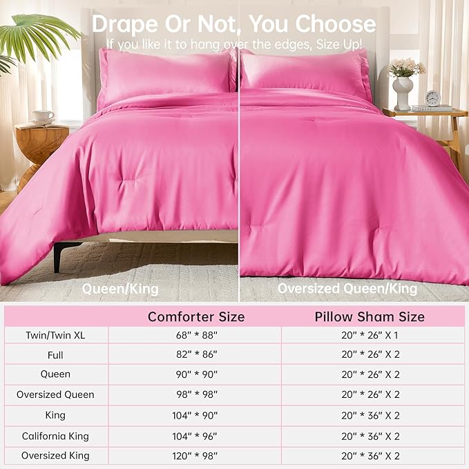 MUXHOMO King Size Comforter Set, All Season Ultra Soft Down Alternative Bedding - 3 Piece Lightweight Bed Set Includes 1 Comforter (104"x90") and 2 Pillow Shams (20"x36"), Hot Pink