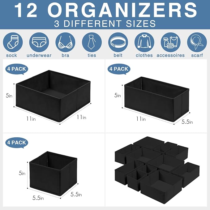 Criusia Drawer Organizer Clothes 12 Pack - Odorless Closet Organizers and Storage for Sock Underwear Bra - Dresser Organizador for Bedroom Organization -Nursery Drawer Divider Trays for Baby Clothes - Image 3