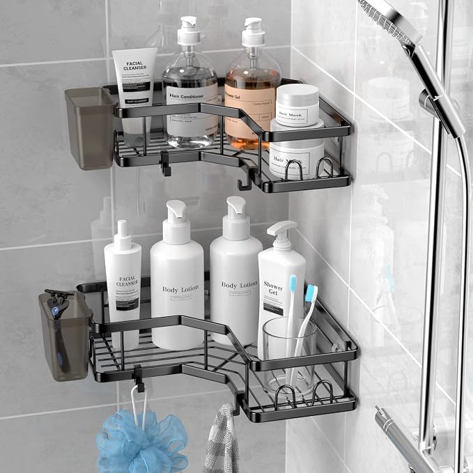 AKTECKE Corner Shower Caddy, 2 Pack Adhesive Shower Corner Organizer Shelves, No Drilling Stainless Steel Shower Storage Rack with Hooks&Toothpaste Holder for Bathroom Kitchen （for 90° Corners Only） - Image 2