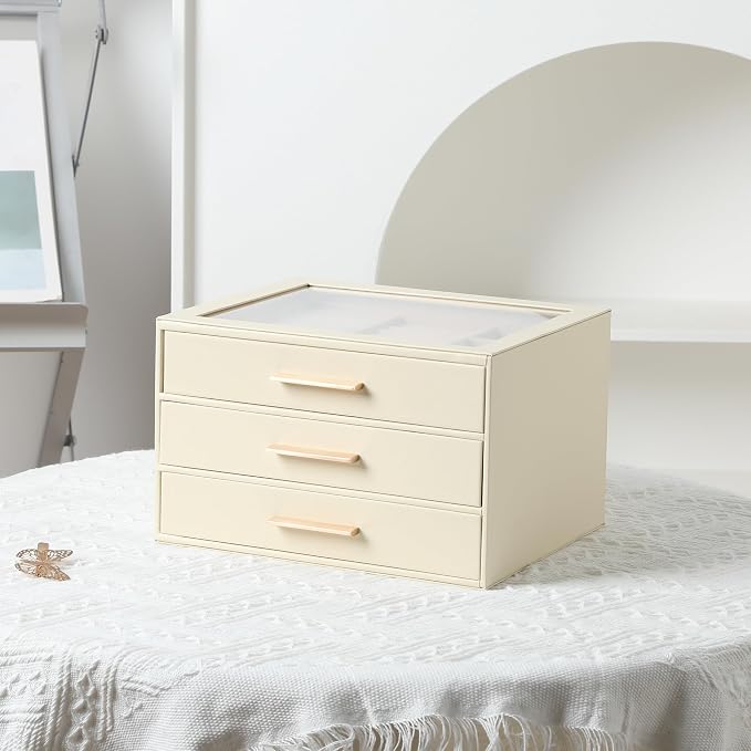 Frebeauty Clear Lid Jewelry Box,3-Layer Jewelry Organizer with Drawer,PU Leather Jewelry Organizers and Storage,Jewelry Boxes for Women,Jewelry Storage for Rings Earring Stud,Gift for Women(Beige) - Image 6