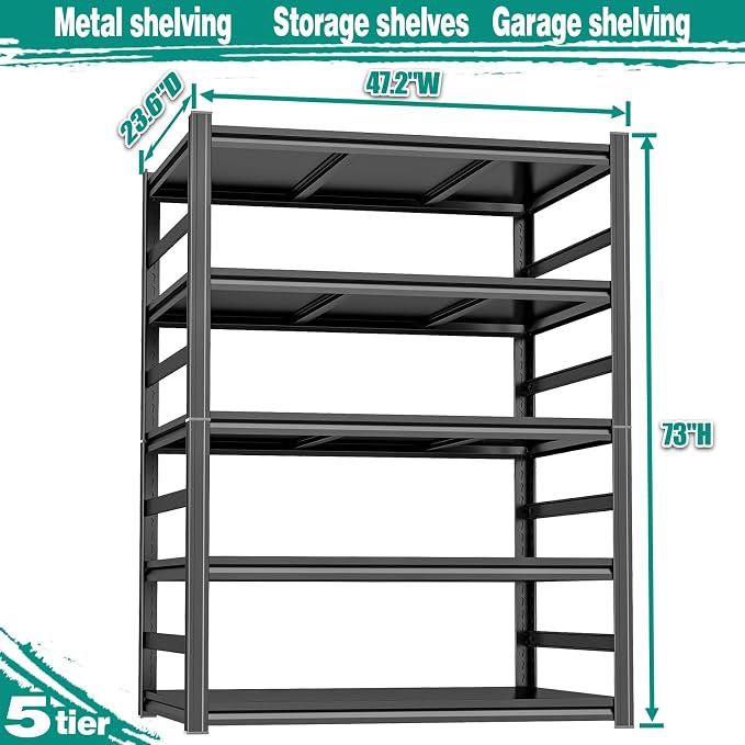 PRESTELION 47" W Garage Shelving Unit 3000LBS Storage Shelves Heavy Duty Adjustable Metal Shelf 5 Tier Storage Rack for Basement, Warehouse, Pantry, Closet, Kitchen 73" H x 47.3" W x 23.6" D, Black - Image 2
