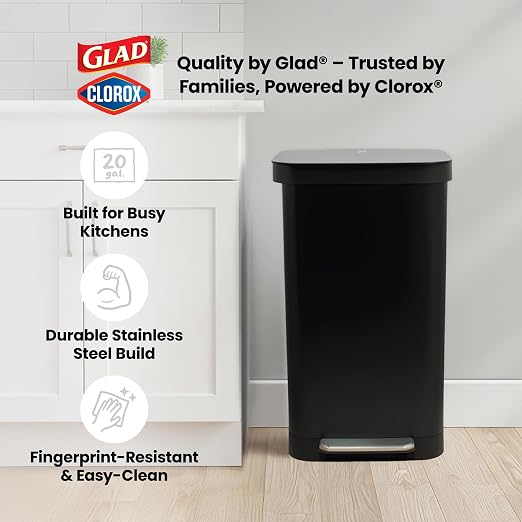 Glad Stainless Steel Step Trash Can, Series 2 with Clorox Protection - Large Black Kitchen Garbage Bin with Soft Close Lid, Foot Pedal and Waste Bag Roll Holder, 20 Gallon - Image 9