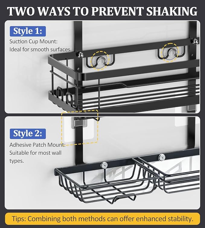 OMAIRA Shower Caddy Hanging Over the Shower Head - Rustproof Shower Organizer Hanging with Soap Scrub Holder, Non-Slip Stainless Steel Bathroom Storage Rack & Shelves, No Drilling, Black - Image 6