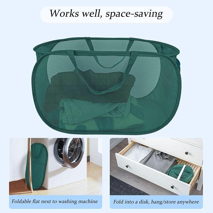 100L Foldable Laundry Baskets 2 Pack, Extra Large Mesh Pop Up Laundry Hamper, Dirty Clothes Hamper with Handles, Pop-up Hampers for Laundry Travel. Dorm or Home Portable Clothes Baskets.Green 2H - Image 6