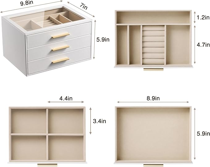 pickpiff Jewelry Box Organizer Case for Women: 3-Layer Jewelry Storage Case with Glass Window, Pure White Leather with Velvet Holder for Ring Necklace Bracelet Brooch Watch, Great Gift for Her - Image 8