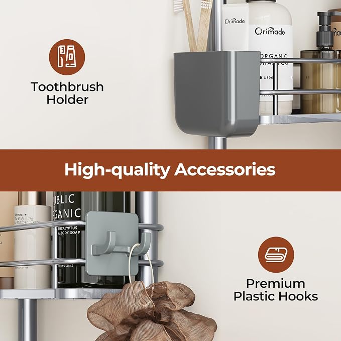 Orimade Rustproof 4 Tier Floor Standing Corner Shower Caddy Organizer with Toothbrush Holder, Large Spacing Floor Shower Shelf Rack Storage Stands with Hooks for Bathroom Kitchen, Silver - Image 8