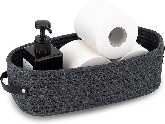 Cotton Rope Toilet Paper Holder Basket with Handle, Home Decor Organizing Small Baskets, Nursery Basket 13"x5.9"x4" Dark Gray by Oradrem