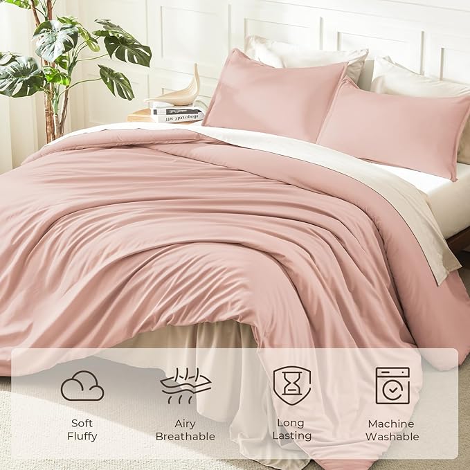Litanika Pink Comforter Set King Size, 3 Pieces Blush Plain Bedding Comforter Set, All Season Bed Set (90x90In Comforter & 2 Pillowcases)