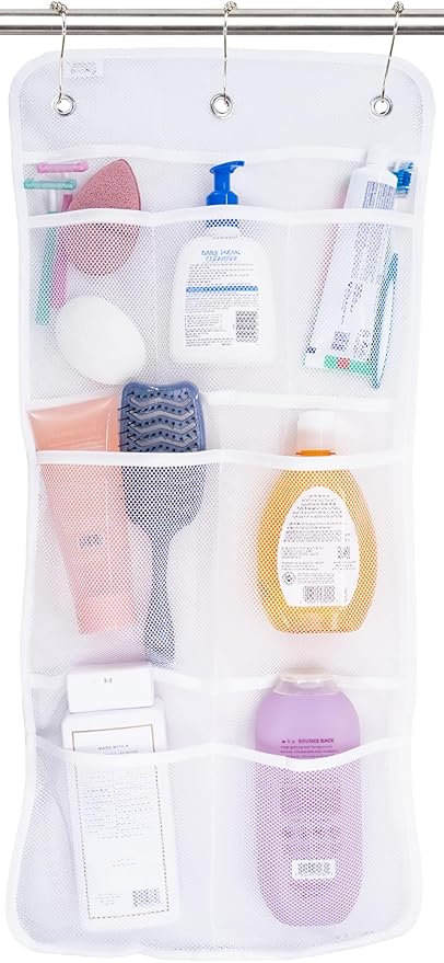 S&T INC. Shower Organizer, Shower Caddy or Bathroom Organizer with Quick Drying Mesh, 7 Pockets to Hold Shampoo, Soap, Loofah, and Cruise Ship Essentials, 14 Inch by 30 Inch, White, 1 Pack by STINC